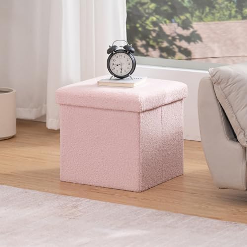 Folding Storage Ottoman Bench, 15 Inch Boucle Small Ottoman Foot Rest for Couch, End of Bed Bench with 397 lb Capacity, Storage Chest for Living Room, Bedroom, Entryway Pink