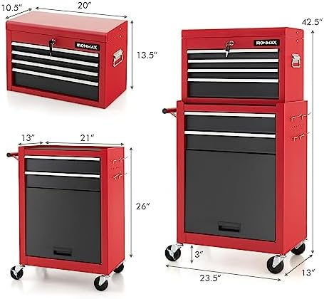 ERGOMASTER Rolling Tool Chest Cabinet Big Capacity Storage with Wheels and Lock Key, Portable Tool-Box Organizer with Sliding Drawers - 6 Drawers & BlackRed