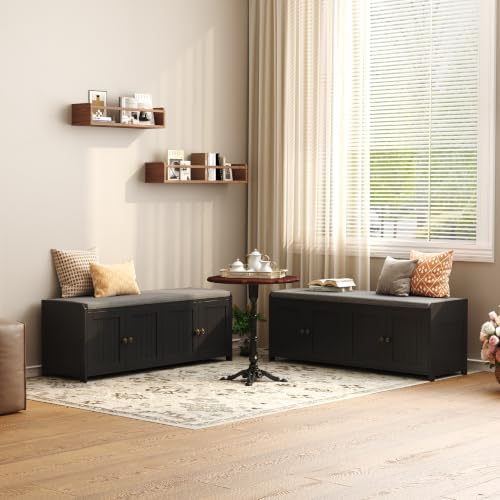 HOMEFORT 48.4" Shoe Storage Bench with Cushion, Entryway Bench with Paddded Seat, 2-Tier Shoe Cabinet Bench with Adjustable Shelves and 4 Doors, Wooden End of Bed Bench, for Bedroom, Hallway, Black