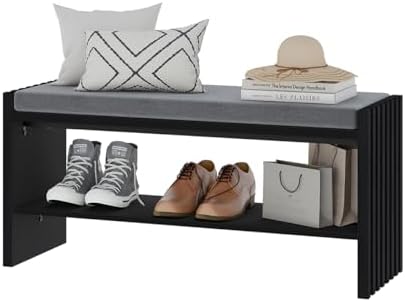 BON AUGURE Entryway Shoe Bench with Storage & Cushion for Mudroom, Black