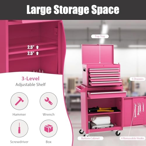 Rolling Tool Chest, 5-Drawer Tool Storage Cabinet with Wheels, Adjustable Shelf & Anti-Slip Liner, Tool Box Organizer for Garage, Warehouse & Workshop (Pink)