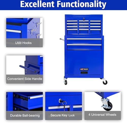 RYH 8 Drawers Rolling Tool Chest & Tool Box on Wheels | Heavy Duty Metal Cart with Ball Bearing Drawers | Fits US General Tool Box for Garage Storage (Blue, 8 Drawers /43.1" H × 24.2" W)