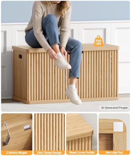 Akxomel 29.5" Fluted Storage Chest Wooden Storage Trunk 2 Safety Hinges Oak