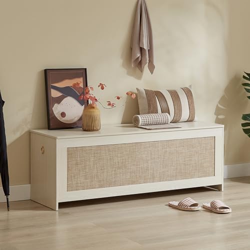 51.2" Storage Chest Large,Wooden Rattan Storage Bench.(White Cream)