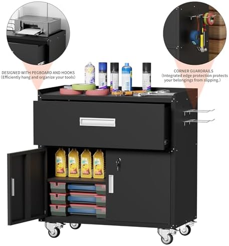 Washsemba Metal Garage Storage Cabinet with Wheels,Lockable Rolling Tool Chest on Wheels,with a Drawer, Utility Cabinet for Home, Office, Garage and Workshop(Black-2)