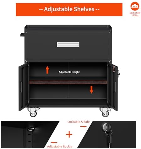 Washsemba Metal Garage Storage Cabinet with Wheels,Lockable Rolling Tool Chest on Wheels,with a Drawer, Utility Cabinet for Home, Office, Garage and Workshop(Black-2)