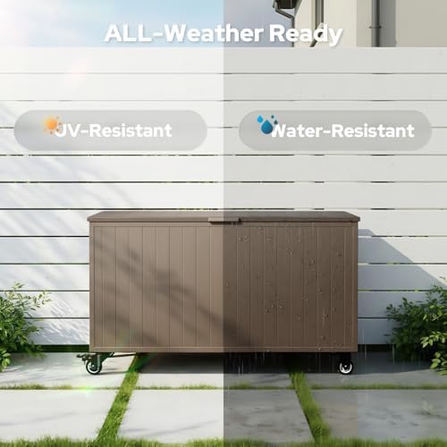 150 Gallon Outdoor Storage Box with Wheels, Metal Deck Boxes,Brown