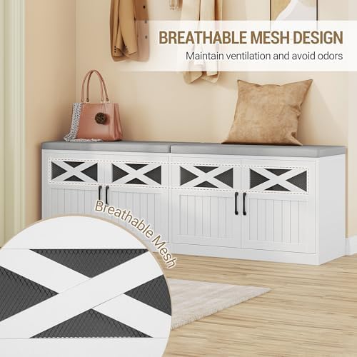 Hzuaneri 59" Shoe Storage Bench with 4 Barn Doors & Padded Seat Cushion