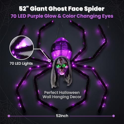 52" Halloween Giant Skull Face Spider, Lighted Outdoor Decoration with Flashing Red & Green Eyes, 70 LED Glowing Spider for Yard, Lawn, Porch, Haunted House Decor (52" Wall-Mounted)