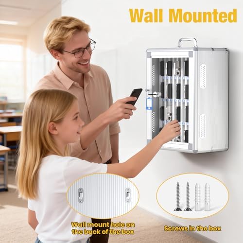 Glosen 36 Slots Cell Phone Storage Locker for Classroom, Portable Phone Locker with Key Lock & Handle, Wall Mounted Phone Lock Box for Office & School, Fits Most Smartphones (Silver)