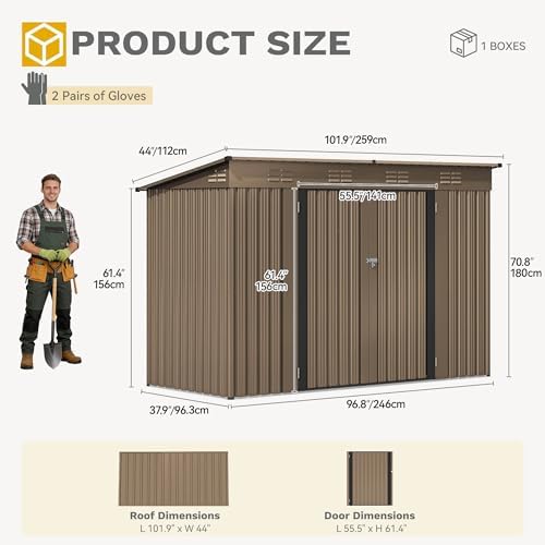 DWVO 9x4ft Large Outdoor Storage Shed with Lockable Doors & Air Vent