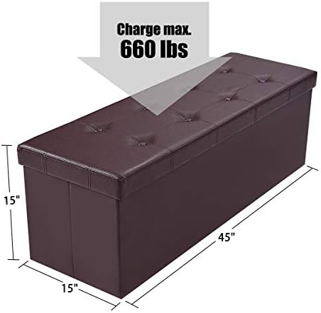 43" Folding Storage Ottoman Bench, Faux Leather Storage Chest, Brown