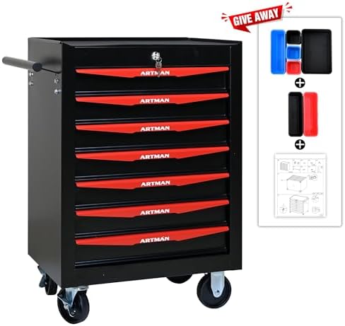 Heavy Duty 7-Drawer Rolling Tool Chest, Key Lock Tool Storage Cabinet with Lockable Casters & Drawer Liners, Mobile Tool Organizer Cart for Garage Workshop Warehouse Repair Shop (Black)