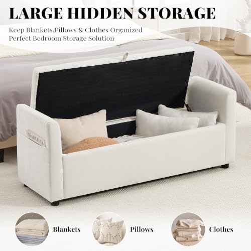 51" End of Bed Storage Bench, Upholstered Chenille Storage Ottoman for Bedroom, Living Room, Entryway, with Arms and 2 Pillows(White)
