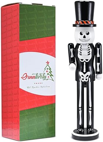 Ornativity Christmas Scary Skeleton Nutcracker – Black and White Wooden Day of the Dead Skeletal Nutcracker Man with Top Hat Xmas and Halloween Themed Holiday Nut Cracker Figure Decorations 15"