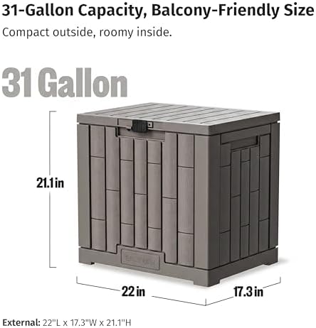 EAST OAK Outdoor Storage Box, 31 Gallon Deck Box, Waterproof Resin Storage Bin for Patio Cushions, Gardening Tools, Accessories, Lockable, UV Resistant, Brown