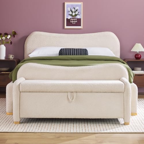 Walker Edison Chantelle Modern Contemporary Curved Upholstered Bench with Storage, 56 Inch, Ivory Bouclé