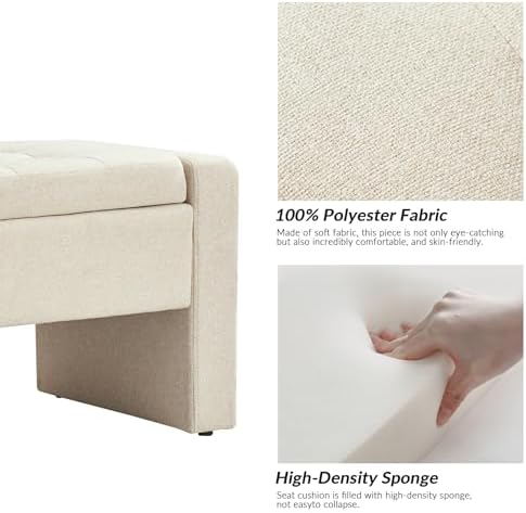 55" Modern Upholstered Storage Bench with Tufted Seat, Fabric Ottoman Bench for Bedroom, Entryway, or Living Room, Soft Close Hinge,Linen