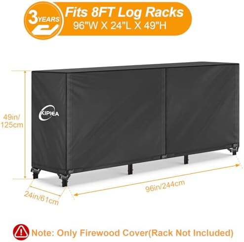 Kipiea 8FT Waterproof Firewood Storage Log Rack Cover, Heavy Duty 600D Outdoor Wood Storage Rack Cover with Buckles and Full-Length Hook & Loop Fastener, Tear-Resistant