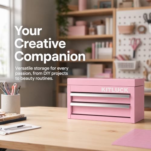 KITLUCK Mini Metal Tool Box, 2-Drawer Top Chest with Ball Bearing Slides, PVC Liners, Durable Cold Rolled Steel Small Tool Organizer for DIY Home Office Multi-Purpose Storage,Pink