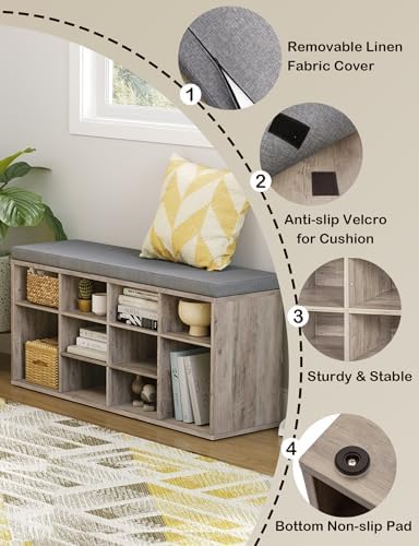 DINZI LVJ Shoe Storage Bench with Cushion, 40.9" Cubby Shoe Rack, 12-Cubby