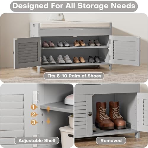 WARMHONIU Shoe Storage Bench with 2 Drawers Storage & Cushioned Seats