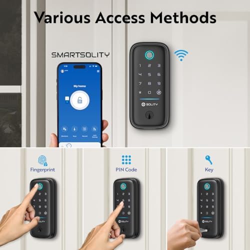 GT5BK Smart Lock – 4-in-1 Keyless Entry Door Lock with Fingerprint, App, PIN, and Key – ANSI Grade 3, Alexa & SmartThings Compatible – Weatherproof Wi-Fi Lock for Front Door – SOLITY (Black)