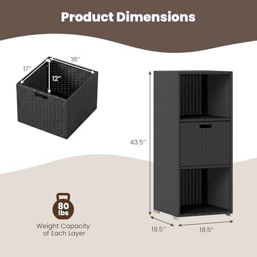 Tangkula Rattan Outdoor Storage Cabinet, Patiojoy Outdoor Wicker Cabinet with 3 Shelves, 1 Removable Drawer, Patio Storage Deck Box for Backyard Poolside Porch