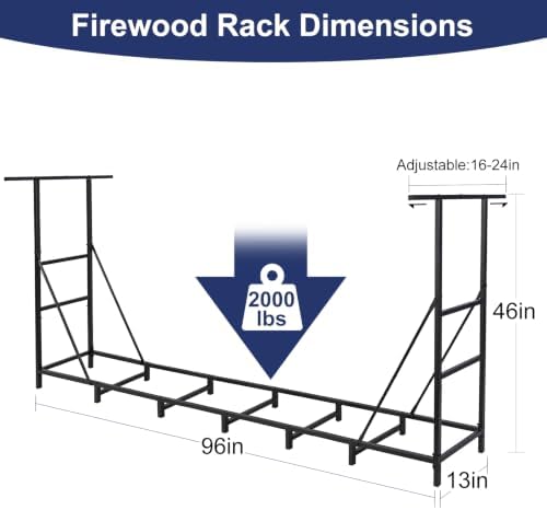 HONEST OUTFITTERS 8ft Firewood Rack Outdoor, Adjustable Heavy Duty Firewood Holder, Adjustable Wood Racks for Outdoor Indoor, Metal Log Racks for Firewood with Firewood Bag Carrier, Black