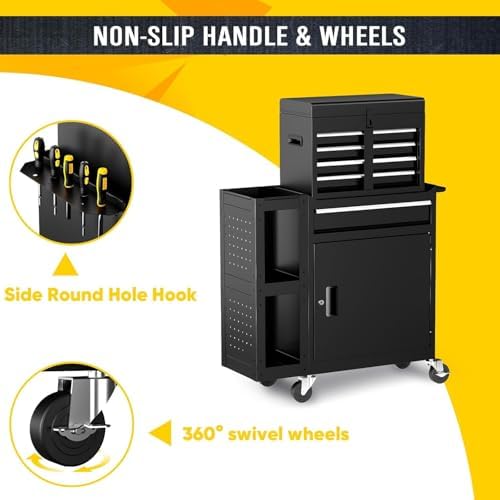 5-Drawers Rolling Tool Chest with Wheels, 3-in-1 Exclusive Tool Box Combo with Removable 2-Tire Utility Cart, 30% Extra Storage Rolling Tool Cabinet for Garage Workshop, 29”W x 11”D x 41”H
