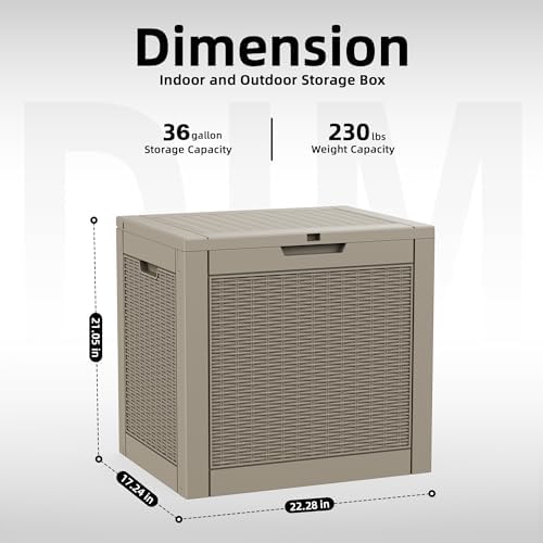 PatioZen 36 Gallon Deck Box Outdoor, Weatherproof Resin Patio Storage Box, Waterproof Outdoor Storage Boxes with Lid Lockable for Cushions, Garden Tools,Grey
