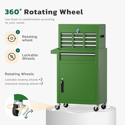 Greenvelly 5-Drawer Tool Chest with Wheels, Pre-Assembled Rolling Tool Chest, Detachable Top Tool Box, Lockable Design, Comes with Drawer Liners & Side Hooks for Garage Workshop Repair Room (Green)