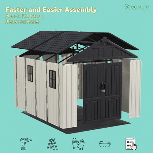 Greesum 8x10FT Plastic Outdoor Storage Shed with Floor, Resin Sheds, Beige