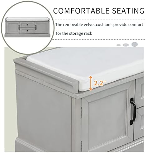 Knocbel 42.5" Storage Bench with Removable Cushion, 2 Drawers and 2 Cabinets, Entryway Hallway Foyer Shoe Bench Bedroom End of Bed Bench (Gray Wash)