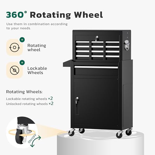 Greenvelly Rolling Tool Chest, 5-Drawer Metal Tool Chest with Wheels, 2 in 1 Detachable Tool Cabinets, Metal Tool Cart with Liner & Hooks for Garage, Workshop, Warehouse (Black)