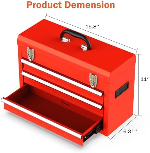 3 Drawer Metal Tool Box, Heavy Duty Steel Tool Chest with Ball Bearing Drawers, Portable Metal Toolbox with EVC Liners and Latches Closure, Powder Coated Tool Storage for Garage, Workbench & Home