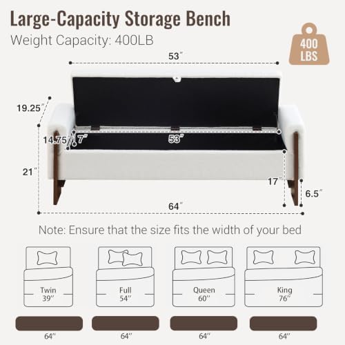 64"End of Bed Storage Bench King Size,Bedroom Bench with Storage,White