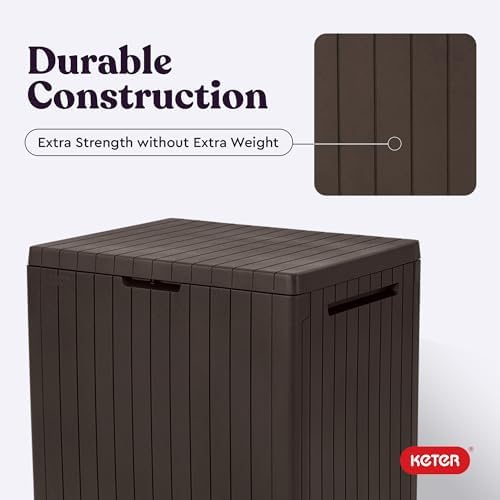Keter City 30 Gallon Resin Outdoor Storage Box and Patio Furniture Side Table for Pool and Garden Accessories, Brown