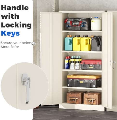 INTERGREAT Metal Garage Storage Cabinet with Lock, 72" Storage Cabinet with Locking Doors and 4 Adjustable Shelves, Lockable Steel Tool Cabinet for Home Office, School, Cream Grey