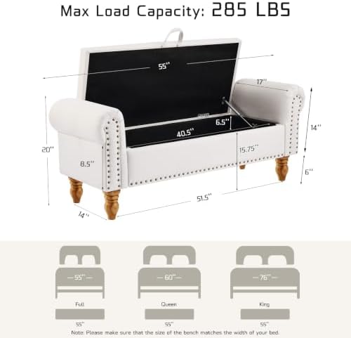 55" End of Bed Bench, Upholstered Bench with Storage, Queen, Beige