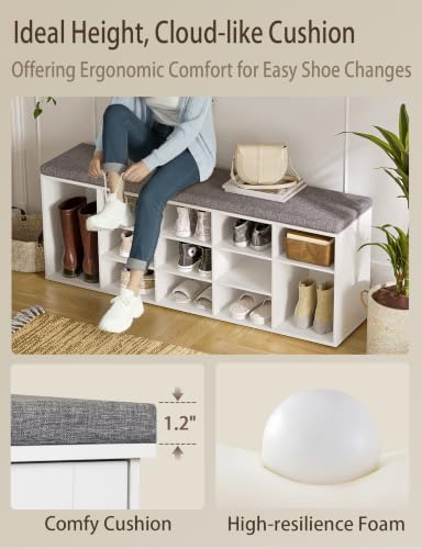 DINZI LVJ Shoe Storage Bench with Cushion, 15-Cubby Shoe Rack with Seat