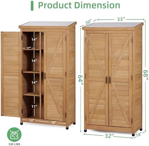 68'' Outdoor Storage Cabinet, Wooden Garden Tool Cabinet with Metal Top