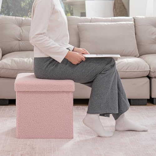 Folding Storage Ottoman Bench, 15 Inch Boucle Small Ottoman Foot Rest for Couch, End of Bed Bench with 397 lb Capacity, Storage Chest for Living Room, Bedroom, Entryway Pink
