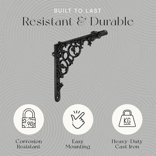 NACH Decorative Shelf Brackets, 4 Pack of 6 x 1.3 x 6 inch, Black Cast Iron Shelf Support Bracket - Metal Shelf Brackets for Wall - Victorian Shelf Bracket