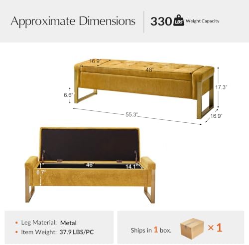 Modern Storage Ottoman Bench with Gold Metal Legs Upholstered Footrest End-of-Bed Bench with Hidden Storage, Hallway and Entryway Mustard