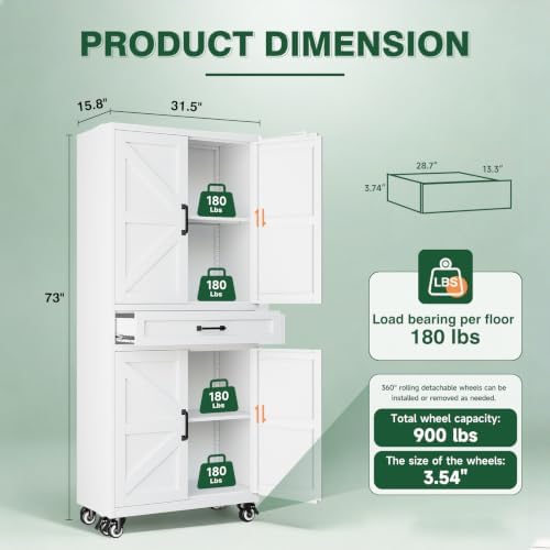 Letaya Metal Garage Storage Cabinets with Wheels,White Rolling Tool Cabinet