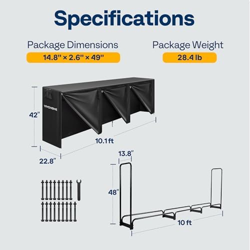 VIVOHOME 10 ft Heavy Duty Firewood Rack Outdoor with Cover, Black