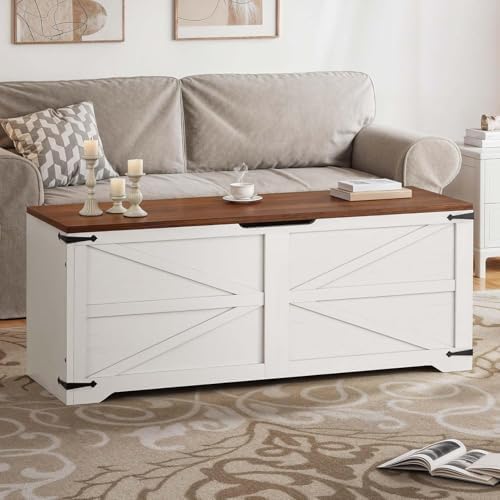 DWVO Storage Bench 47.2", Hidden Storage, Slow-Close Hinges, White/Walnut