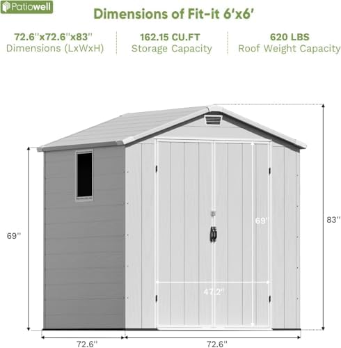 Patiowell 6X6 FT Plastic Outdoor Storage Shed with Floor, Light Grey