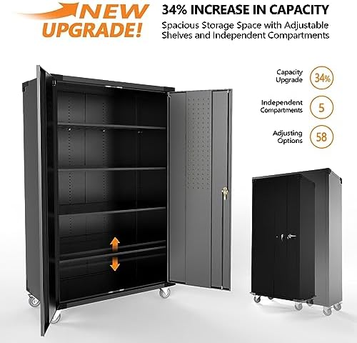 VINGLI Upgraded Wide & Deep Garage Storage Cabinet, Metal Storage Cabinet with Pegboards, Wheels, Locking Doors and Adjustable Shelves (Black, 43''W x 20''D x 72''H)